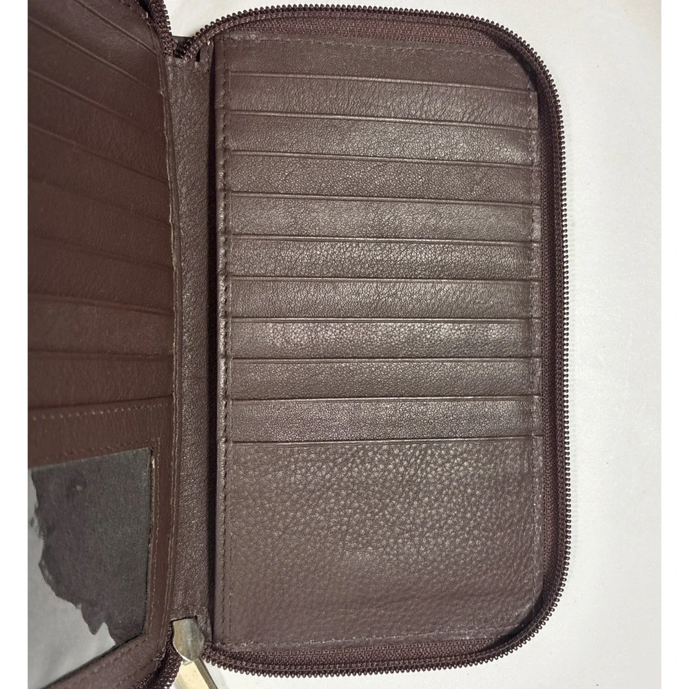 Genuine Brown Pebbled Leather RFID Blocking Zippered Passport Travel Wallet EUC